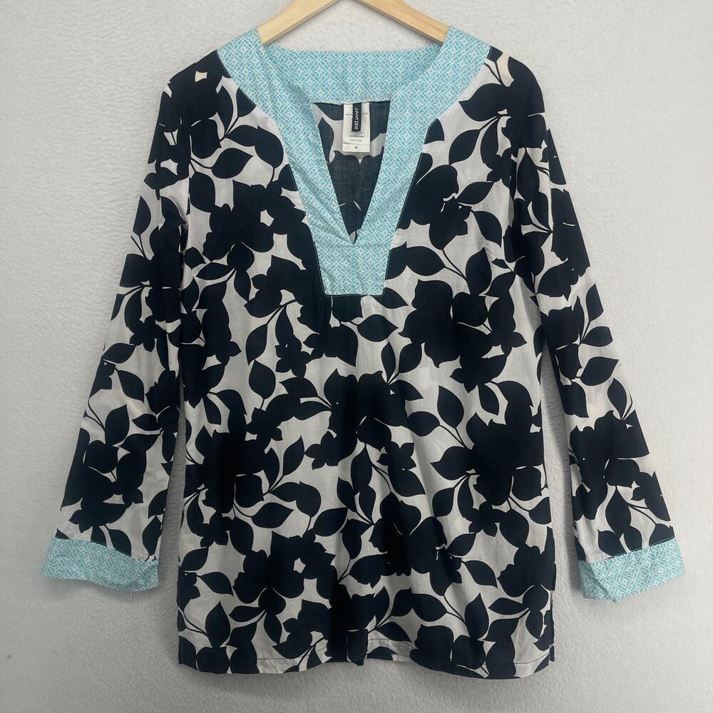 JANTZEN Top Womens M Tunic Leaves Print Tunic Split Neck Cotton Black Blue